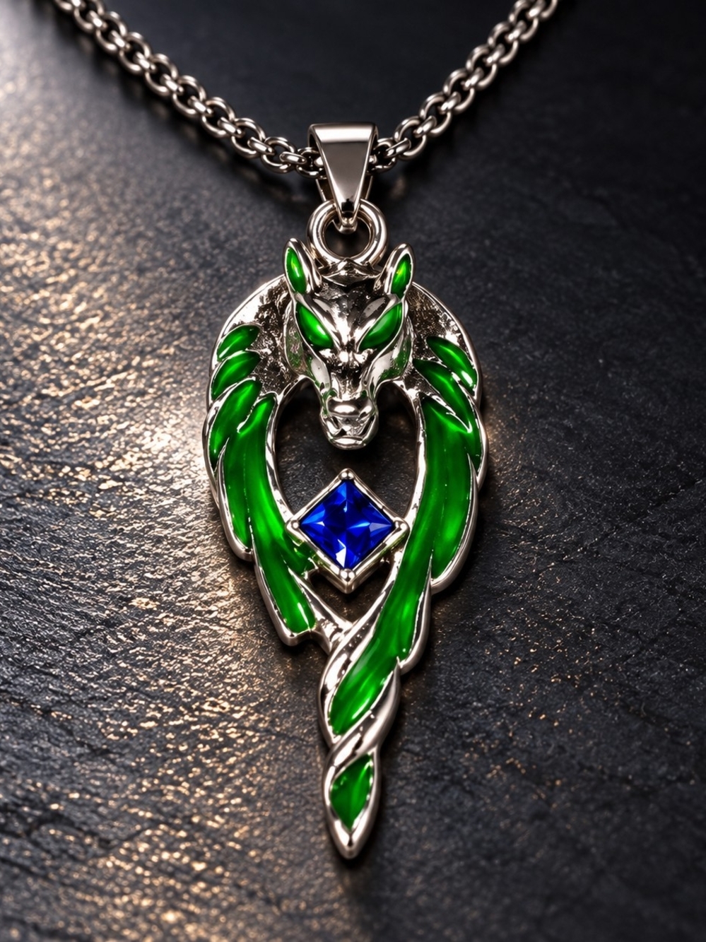 Green Dragon Pendant Necklace with Blue Gem - Men's Jewelry